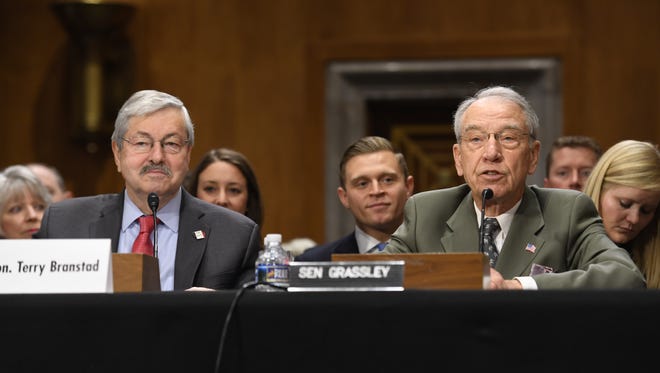 Sen. Chuck Grassley (right) introduces Iowa Gov. Terry Branstad Tuesday, May 2, 2017, during his confirmation hearing with the Senate Foreign Relations Committee in Washington, D.C.