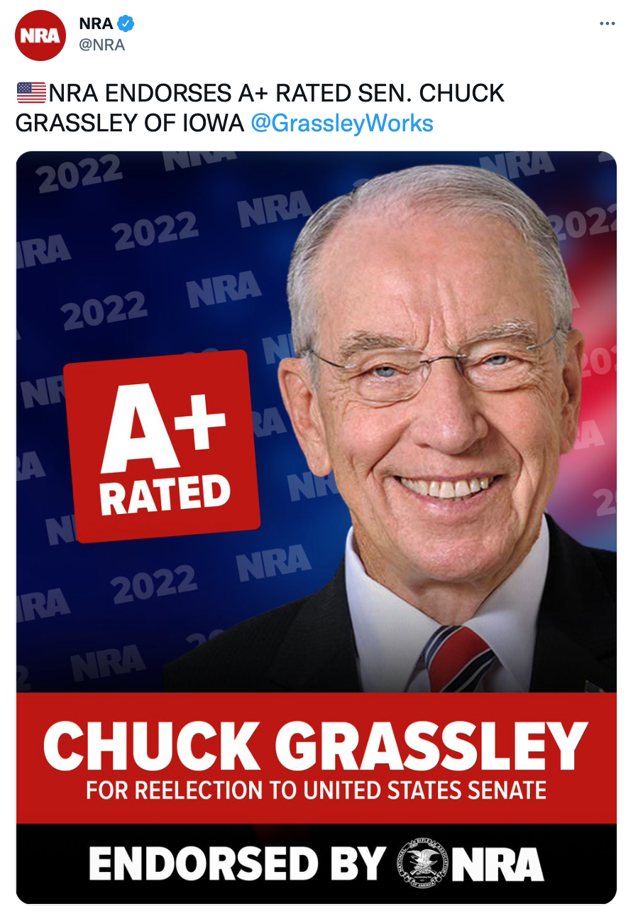 NRA Endorses Chuck Grassley, Awards the Iowa Senator A+ Rating